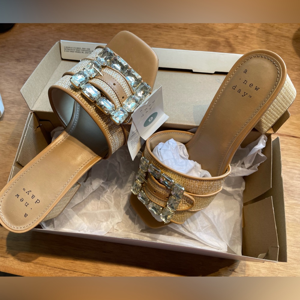 Women's Kathleen Raffia Buckle Block Heels - A New Day Beige 9